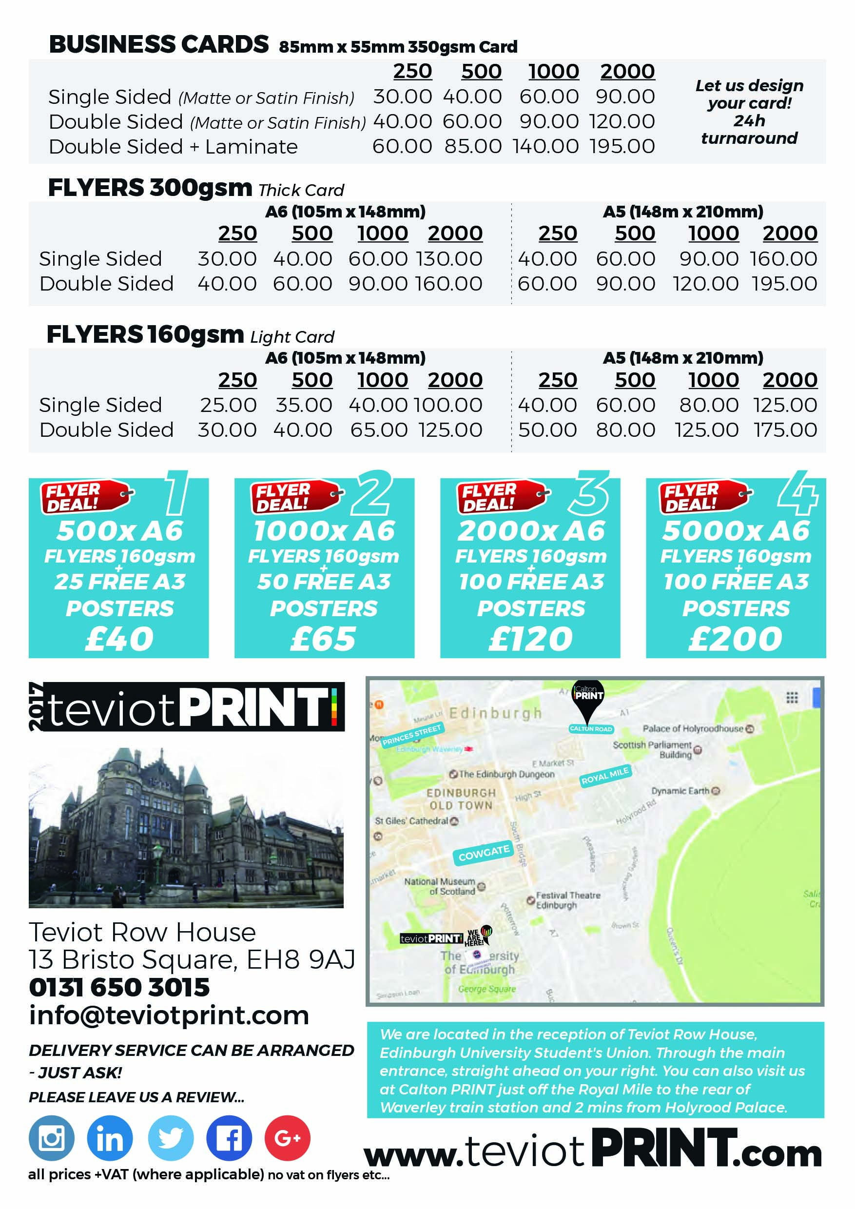 Teviot Print Shop Price list